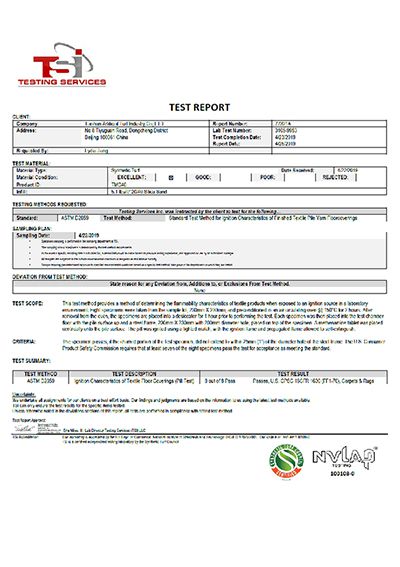 تقرير اختبار TSI لقابلية الاشتعال ASTM D2859